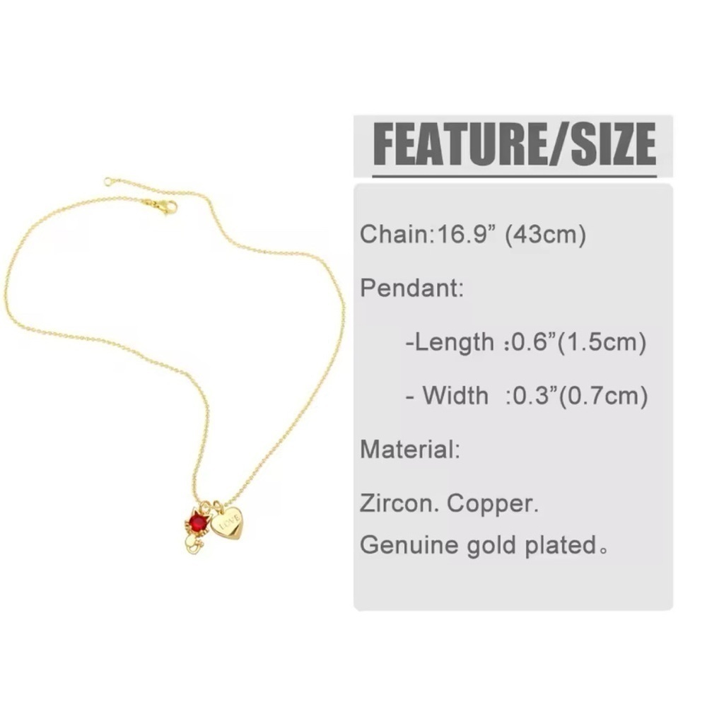 18K Gold Plated Cat & Heart “Love” Pendant Necklace With Red Gemstone Accent - Picture 6 of 6